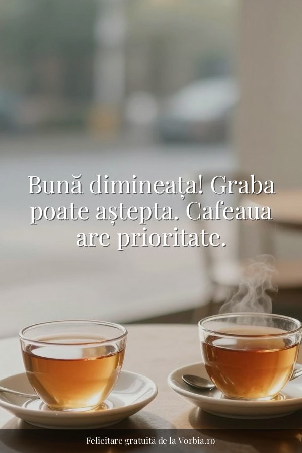 Bună dimineața! Graba poate aștepta. Cafeaua are prioritate. - felicitare Vorbia.ro