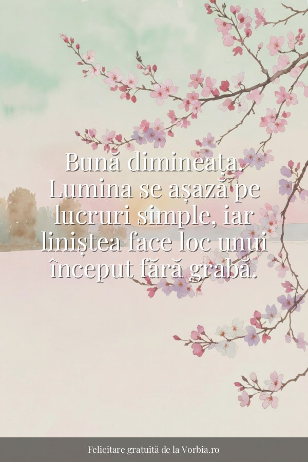 Bună dimineața. Lumina se așază pe lucruri simple, iar liniștea face loc unui început fără grabă. - felicitare Vorbia.ro