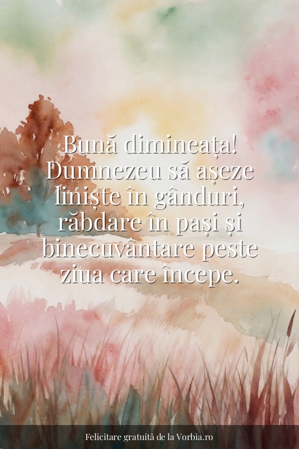 Bună dimineața! Dumnezeu să așeze liniște în gânduri, răbdare în pași și binecuvântare peste ziua care începe. - felicitare Vorbia.ro