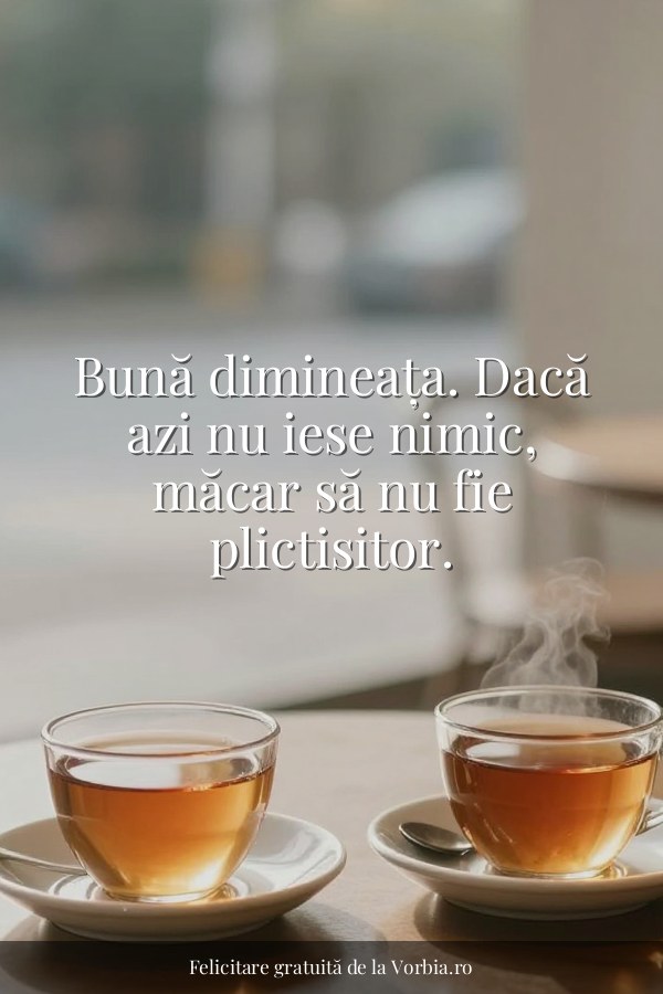 Bună dimineața. Dacă azi nu iese nimic, măcar să nu fie plictisitor. - felicitare Vorbia.ro