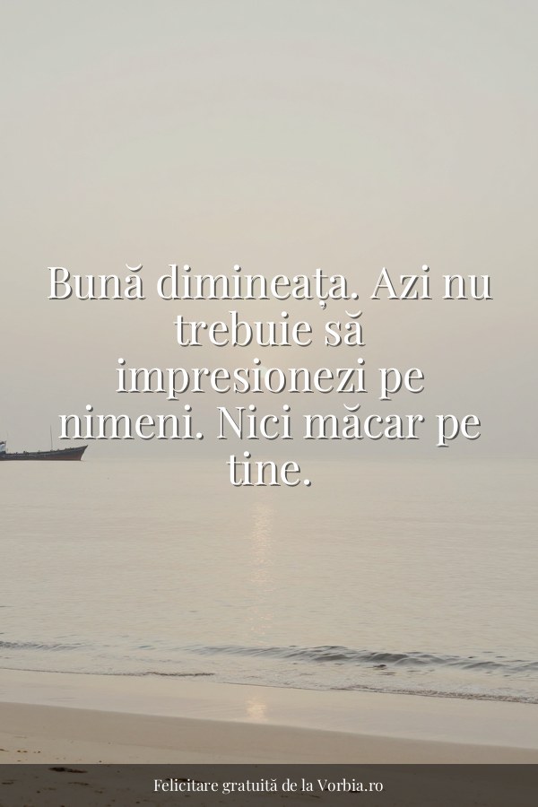 Bună dimineața. Azi nu trebuie să impresionezi pe nimeni. Nici măcar pe tine. - felicitare Vorbia.ro