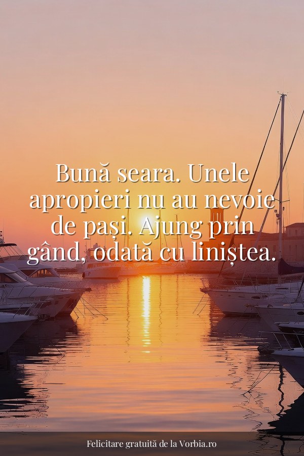 Bună seara. Unele apropieri nu au nevoie de pași. Ajung prin gând, odată cu liniștea. - felicitare Vorbia.ro