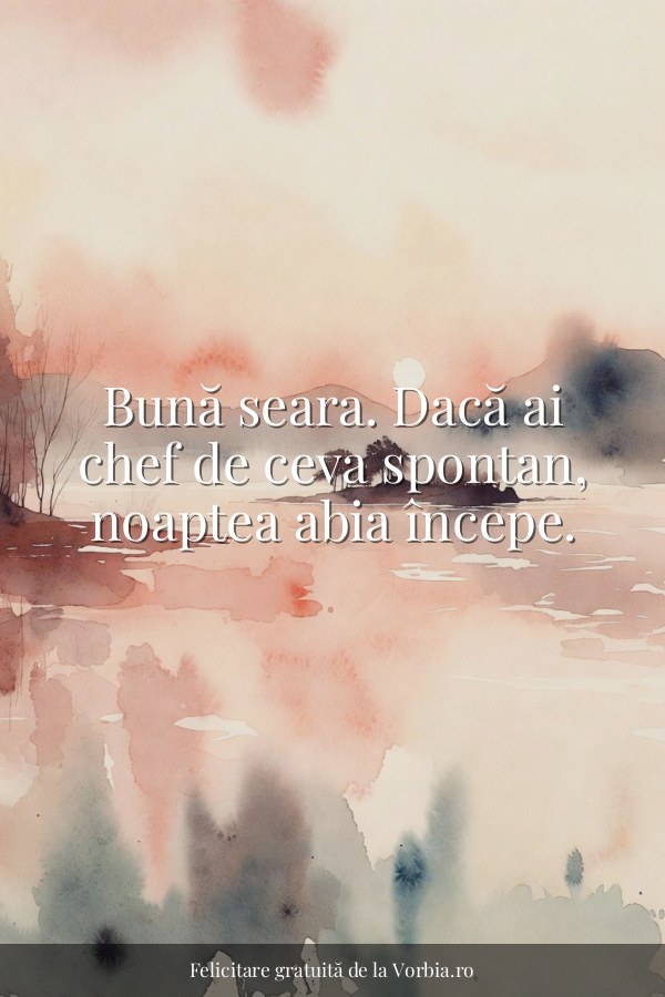 Bună seara. Dacă ai chef de ceva spontan, noaptea abia începe. - felicitare Vorbia.ro