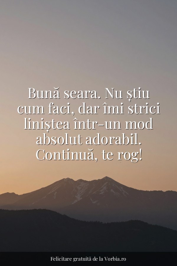Bună seara. Nu știu cum faci, dar îmi strici liniștea într-un mod absolut adorabil. Continuă, te rog! - felicitare Vorbia.ro