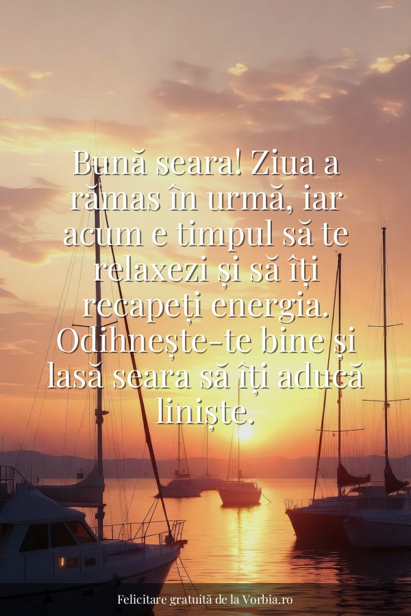 Bună seara! Ziua a rămas în urmă, iar acum e timpul să te relaxezi și să îți recapeți energia. Odihnește-te bine și las… - felicitare Vorbia.ro