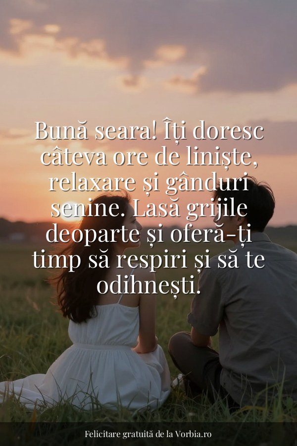 Bună seara! Îți doresc câteva ore de liniște, relaxare și gânduri senine. Lasă grijile deoparte și oferă-ți timp să res… - felicitare Vorbia.ro
