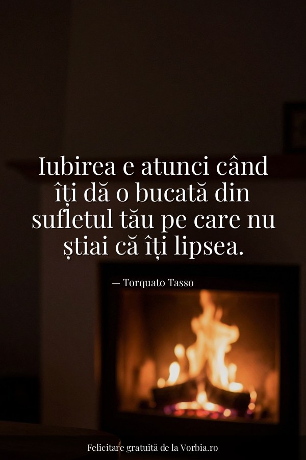 Iubirea e atunci când îți dă o bucată din sufletul tău pe care nu știai că îți lipsea. - felicitare Vorbia.ro