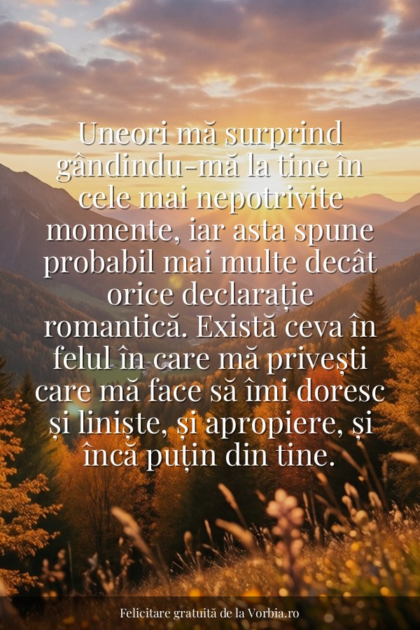 Uneori mă surprind gândindu-mă la tine în cele mai nepotrivite momente, iar asta spune probabil mai multe decât orice d… - felicitare Vorbia.ro