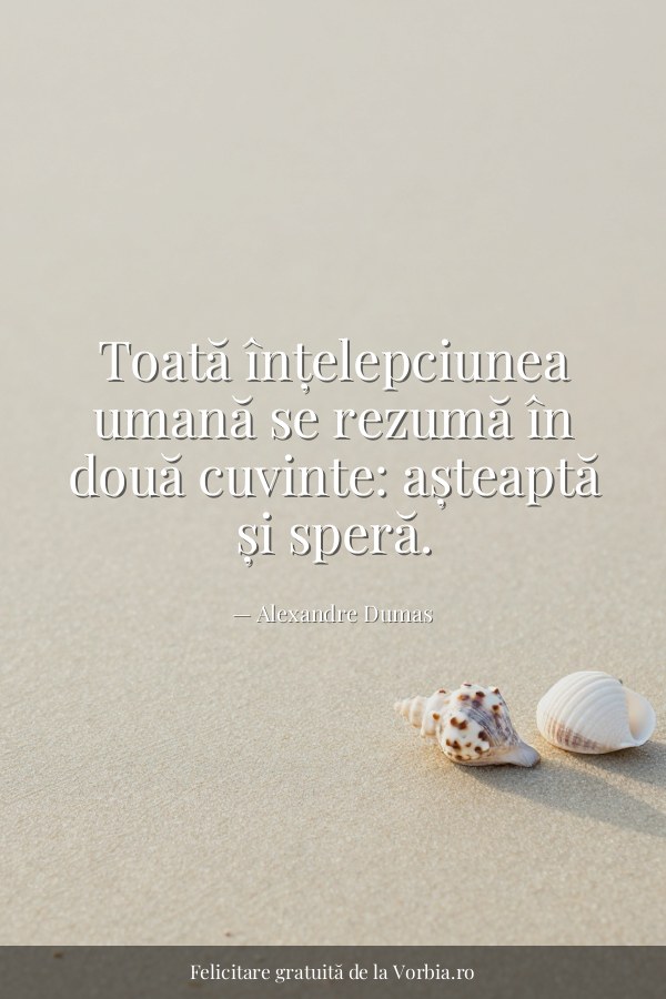Toată înțelepciunea umană se rezumă în două cuvinte: așteaptă și speră. - felicitare Vorbia.ro
