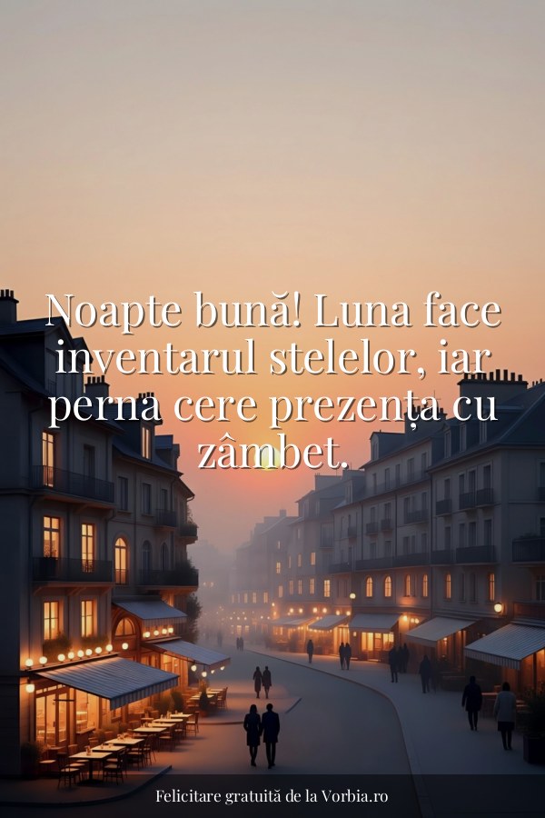 Noapte bună! Luna face inventarul stelelor, iar perna cere prezența cu zâmbet. - felicitare Vorbia.ro