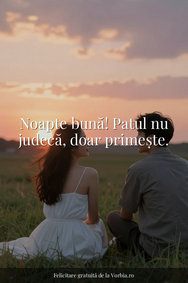 Noapte bună! Patul nu judecă, doar primește. - felicitare Vorbia.ro