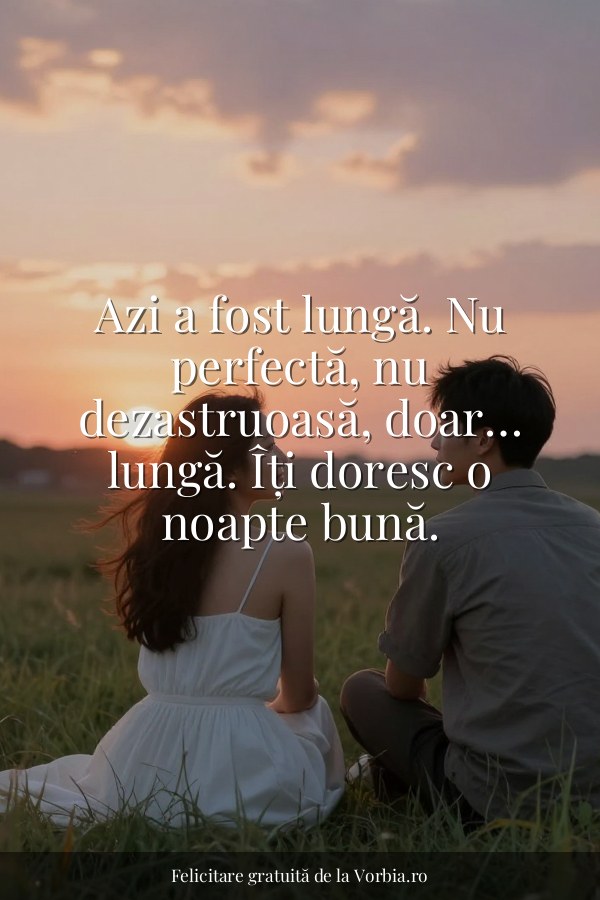 Azi a fost lungă. Nu perfectă, nu dezastruoasă, doar… lungă. Îți doresc o noapte bună. - felicitare Vorbia.ro
