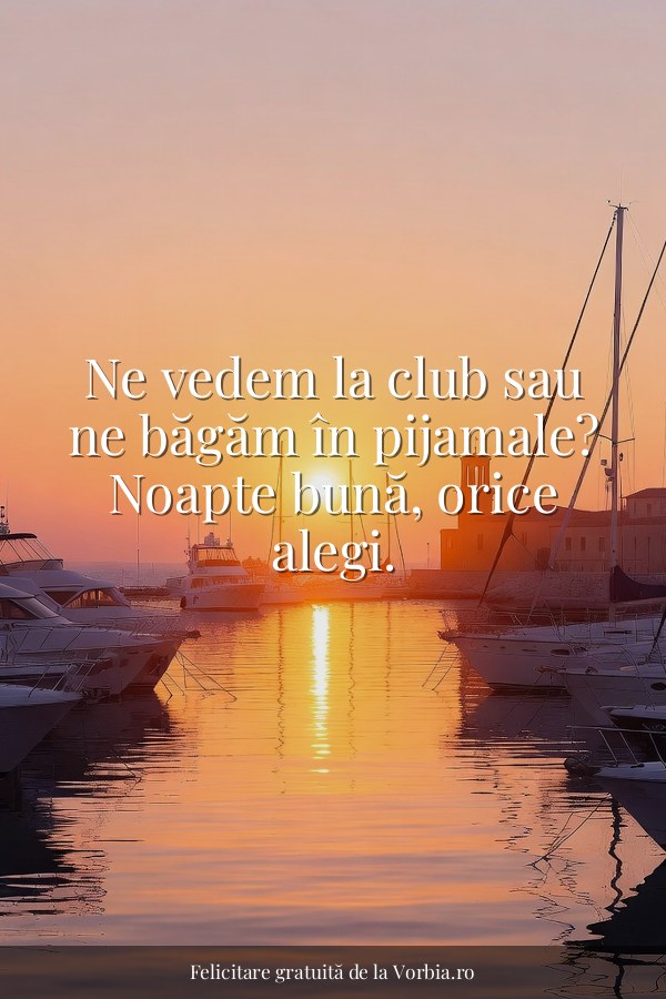Ne vedem la club sau ne băgăm în pijamale? Noapte bună, orice alegi. - felicitare Vorbia.ro