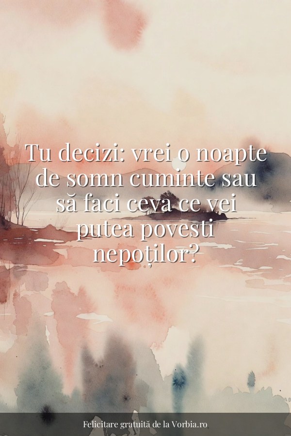 Tu decizi: vrei o noapte de somn cuminte sau să faci ceva ce vei putea povesti nepoților? - felicitare Vorbia.ro