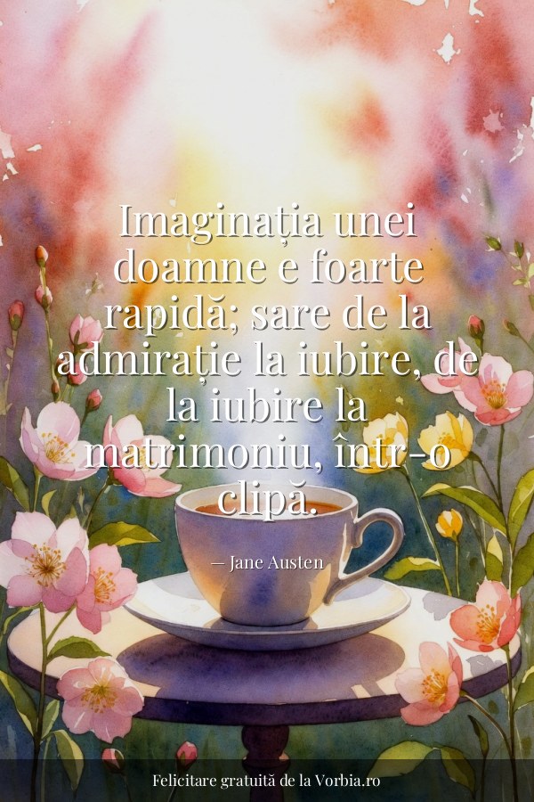 Imaginația unei doamne e foarte rapidă; sare de la admirație la iubire, de la iubire la matrimoniu, într-o clipă. - felicitare Vorbia.ro