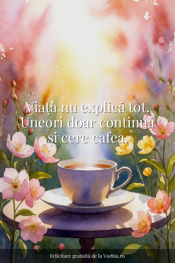 Viața nu explică tot. Uneori doar continuă și cere cafea. - felicitare Vorbia.ro
